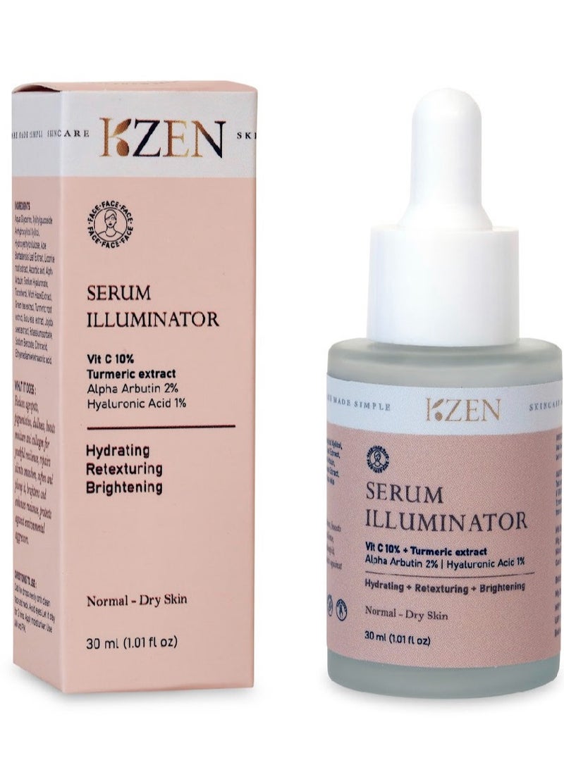 KZEN - Serum Illuminator with Vitamin C 10%, Turmeric extract, Hyaluronic Acid 1%, Alpha Arbutin 2%, Licorice, Gotu Kola | Hydrating, Retexturing and Brightening | Free from Artificial fragrance, Paraben and Sulphate - 30 ml (1.1 fl oz) - Image 1