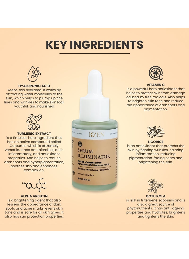 KZEN - Serum Illuminator with Vitamin C 10%, Turmeric extract, Hyaluronic Acid 1%, Alpha Arbutin 2%, Licorice, Gotu Kola | Hydrating, Retexturing and Brightening | Free from Artificial fragrance, Paraben and Sulphate - 30 ml (1.1 fl oz) - Image 1