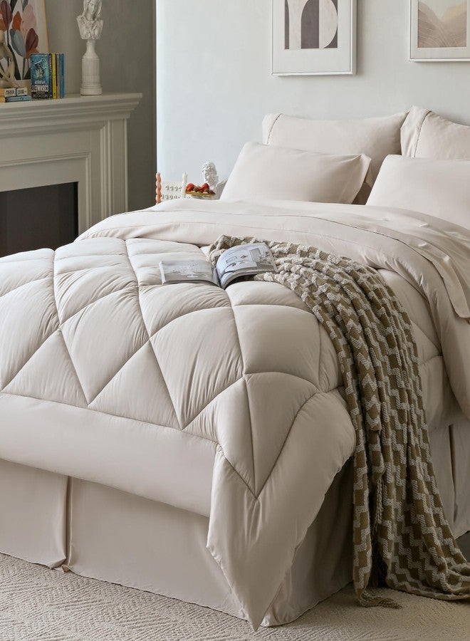 Newspin Queen Bed in a Bag 8 Pieces Comforter Set, Beige All Season Bed Set, Queen Bedding Sets with Comforter and Sheets, Pillow Shams, Fitted Sheet, Pillowcases and Bed Skirt - Image 1