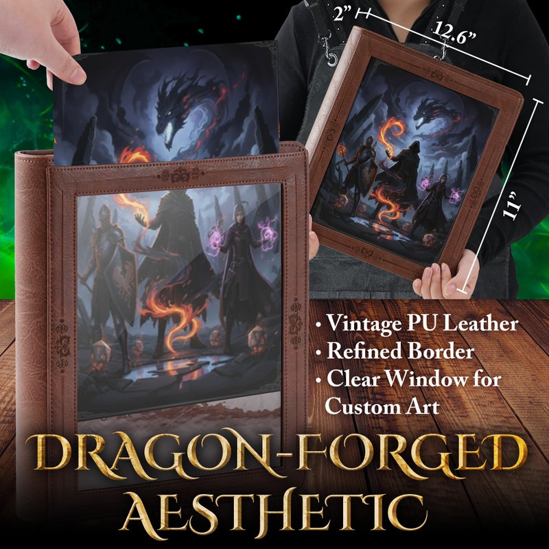 Soar Forge Vintage Adventurer's Portfolio â€“ PU Leather Character Sheet Binder, Binder for DND with Spell Card Display Organizer, Clear Front Cover, and Storage Pockets (Elder Brown) - Image 2