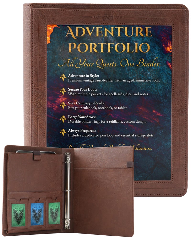 Soar Forge Vintage Adventurer's Portfolio â€“ PU Leather Character Sheet Binder, Binder for DND with Spell Card Display Organizer, Clear Front Cover, and Storage Pockets (Elder Brown) - Image 1