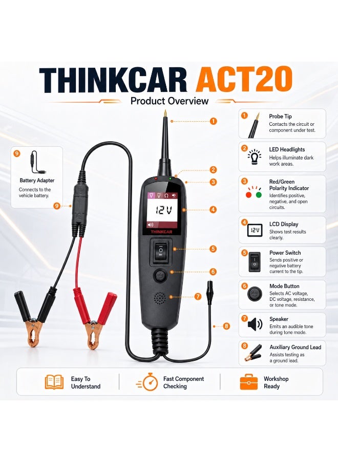 THINKCAR ACT20 Automotive Electrical Circuit Tester With Digital Display, Voltage Testing, Power Injection And Short Circuit Detection - Image 2