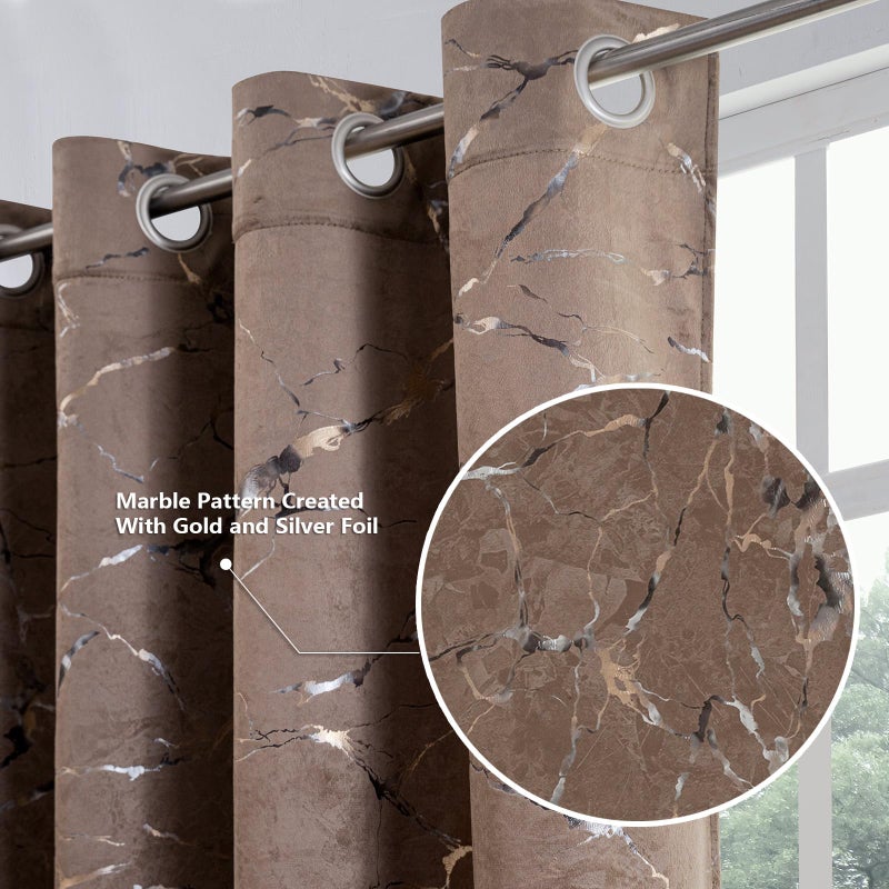 Petrichor Luxury Dark Taupe Velvet Curtains, Gold & Silver Foil Marble Pattern, 85% Light Blocking, Thermal Drapes, 52" Wide x 84" Long, 2 Panels for Bedroom and Living Room - Image 2