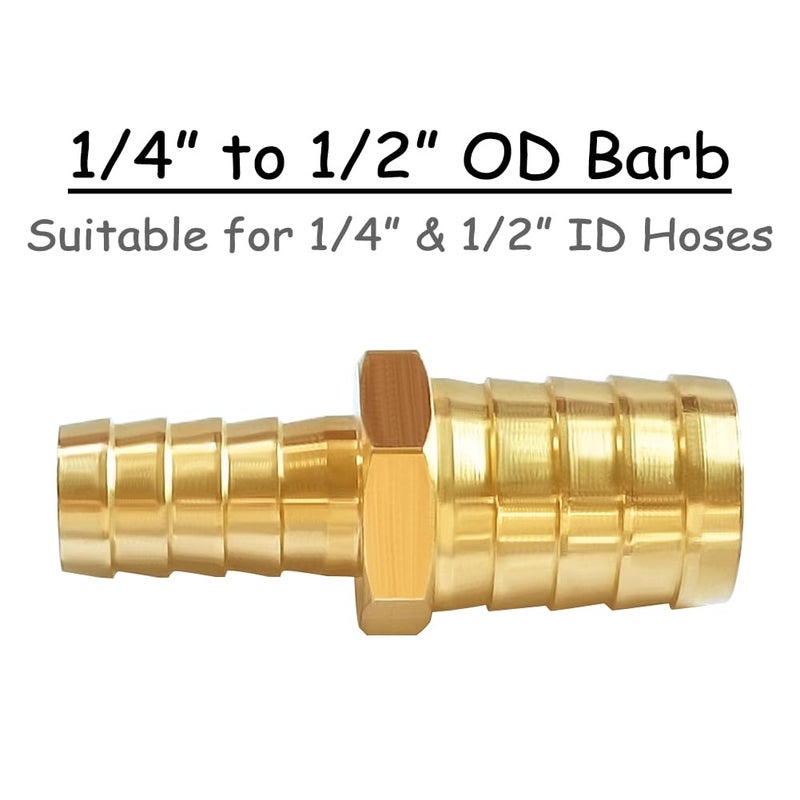Uenede 2Pcs Brass 1/4"" To 1/2"" Od Barb Reducer Barbed Hose Fittings With 4 Stainless Steel Clamps Hex Reducing Splicer Mender Fitting For Water/Oil/Gas - Image 2