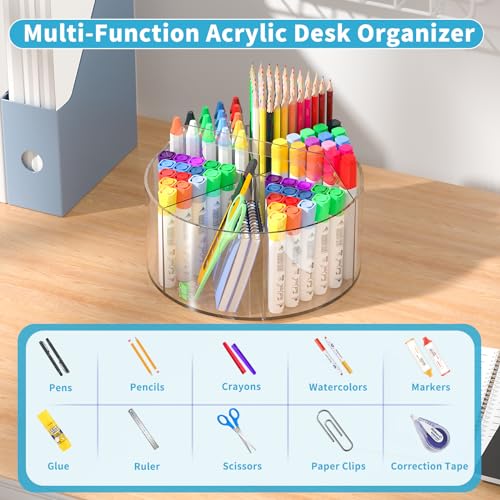 Wawocs Acrylic Pen Holder for Desks, Acrylic Desk Organizer Clear, 360 Degree Pencil Holder for Desk Kids, Rotating Desk Organizer Rotating Pen Holder for Desk, Art Supply Storage Organizer 6 Compartments - Image 3