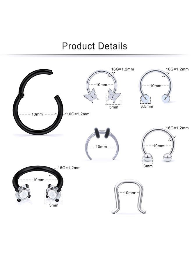 Cisyozi 16G Horseshoes Black Septum Jewelry Stainless Steel Horseshoe Septum Ring Nose Rings Hoop Helix Daith Cartilage Tragus Earrings Eyebrow Body Piercing Jewelry 6-14mm, Metal Crystal, - Image 2