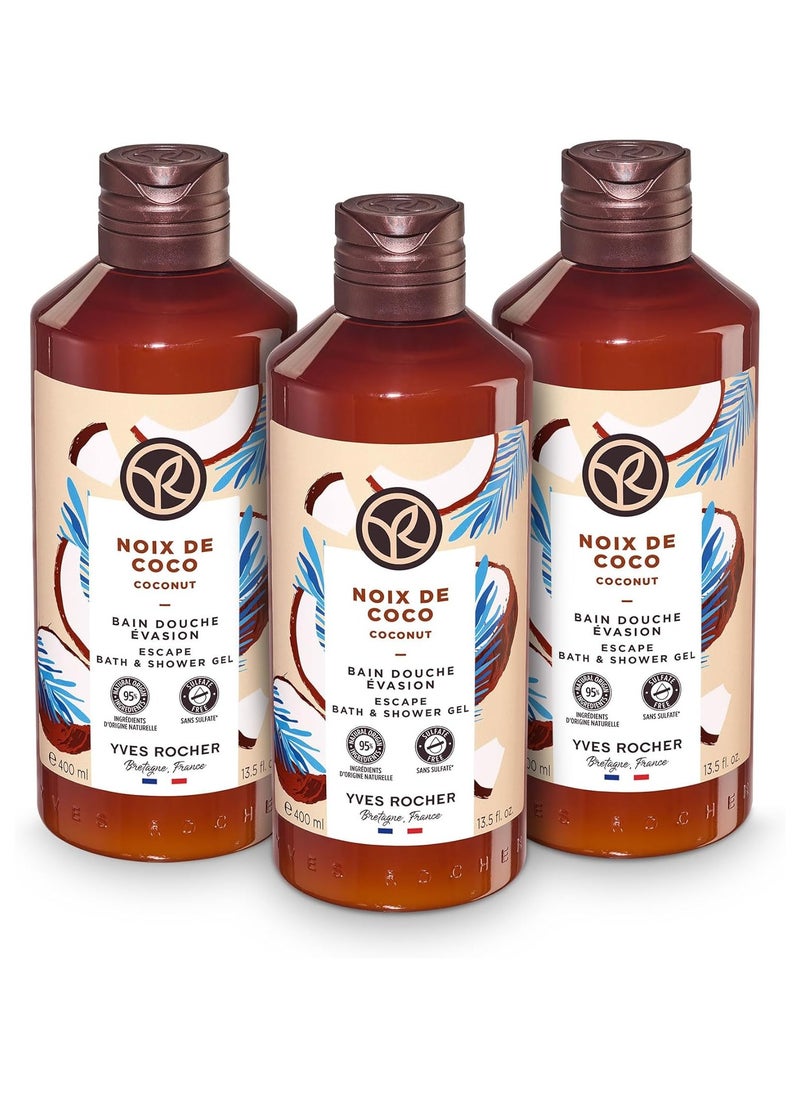 Yves Rocher Shower Gel Trio | Bath & Body Wash | Sulfate Free | Coconut Scent | 3x400ml Bottle, 13.5 fl oz (Coconut Trio Pack)  - Image 1