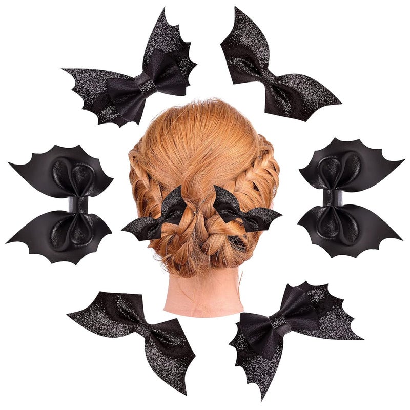 Whaline 6Pcs Halloween Bat Bow Hair Clips 3 Style Hair Bow Barrette Black Glitter PU Leather Hairpins Sparkly Alligator Hairgrips for Girls Toddlers Teens Halloween Party Hair Accessories