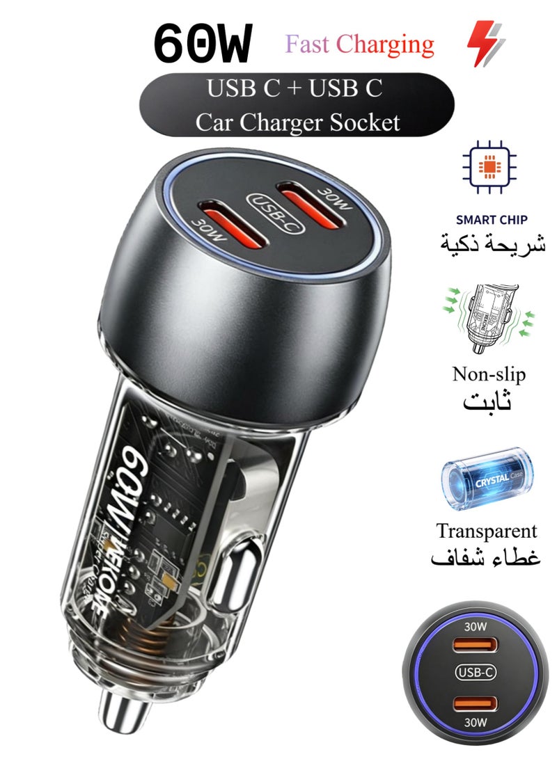 WEKOME 60W Dual USB-C Fast Car Charger, Transparent Shell Exclusive Mold, Multi-Protection Universal Car Power Adapter for Smartphones - Image 1