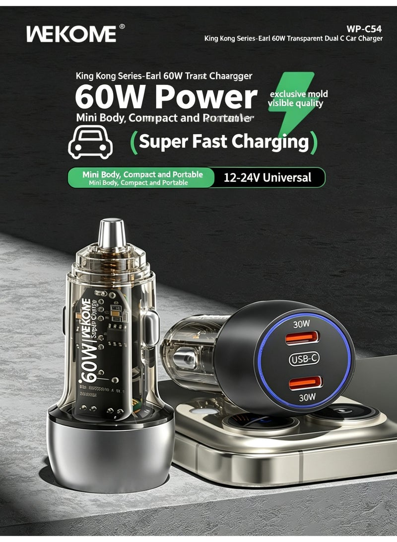 WEKOME 60W Dual USB-C Fast Car Charger, Transparent Shell Exclusive Mold, Multi-Protection Universal Car Power Adapter for Smartphones - Image 5
