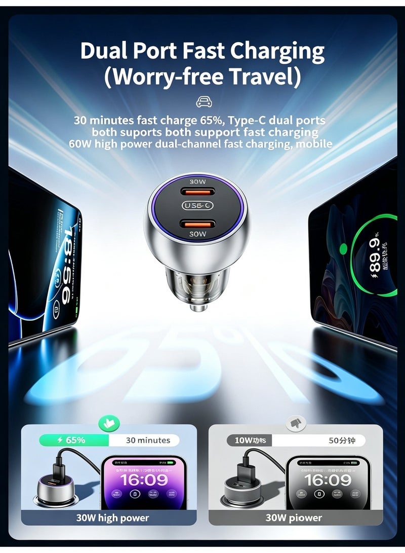 WEKOME 60W Dual USB-C Fast Car Charger, Transparent Shell Exclusive Mold, Multi-Protection Universal Car Power Adapter for Smartphones - Image 4