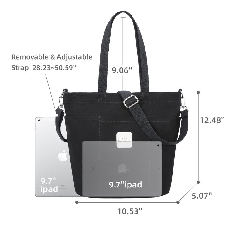 Iswee Canvas Tote Bag with Zipper Multi Pockets Tote Purse for Women Fashion Crossbody Tote Shoulder Bag Handbag Everyday Bag(Black) - Image 4