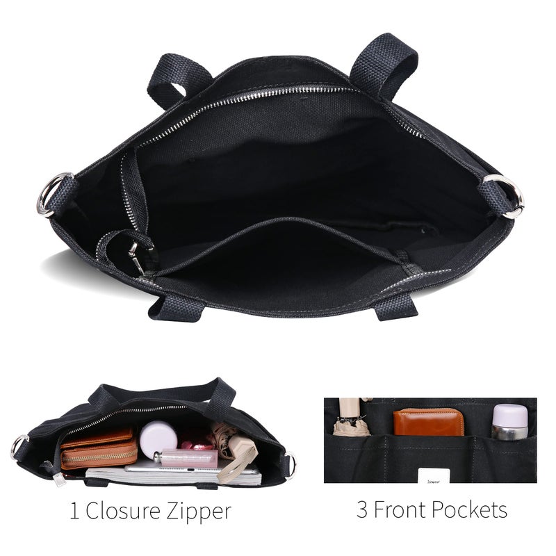 Iswee Canvas Tote Bag with Zipper Multi Pockets Tote Purse for Women Fashion Crossbody Tote Shoulder Bag Handbag Everyday Bag(Black) - Image 5