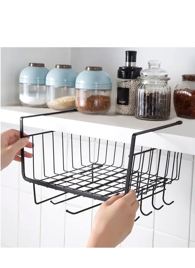 HEXAR HEXAR® Under Shelf Basket, Multifunctional Metal Cabinet Storage Basket with 4 Hooks Towel Holders Basket Organizer For Kitchen Pantry Closet  - Image 1
