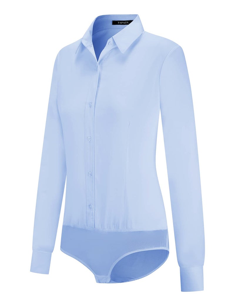 Tapata Womens Bodysuit Blouse Button Down One-Piece Long Sleeve Solid Office Work Shirt Casual Tops, Light Blue, Small - Image 1