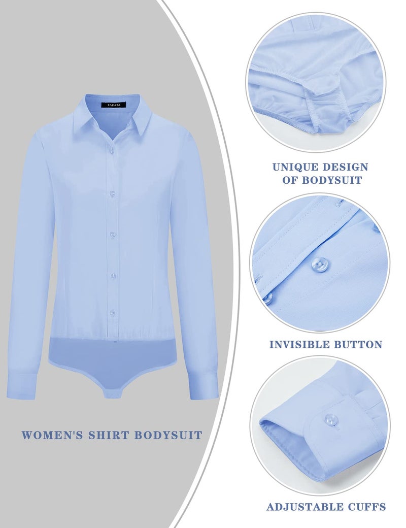 Tapata Womens Bodysuit Blouse Button Down One-Piece Long Sleeve Solid Office Work Shirt Casual Tops, Light Blue, Small - Image 3