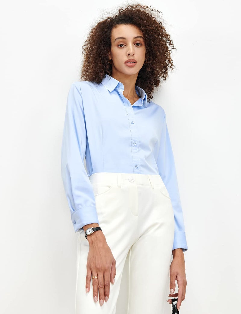 Tapata Womens Bodysuit Blouse Button Down One-Piece Long Sleeve Solid Office Work Shirt Casual Tops, Light Blue, Small - Image 4
