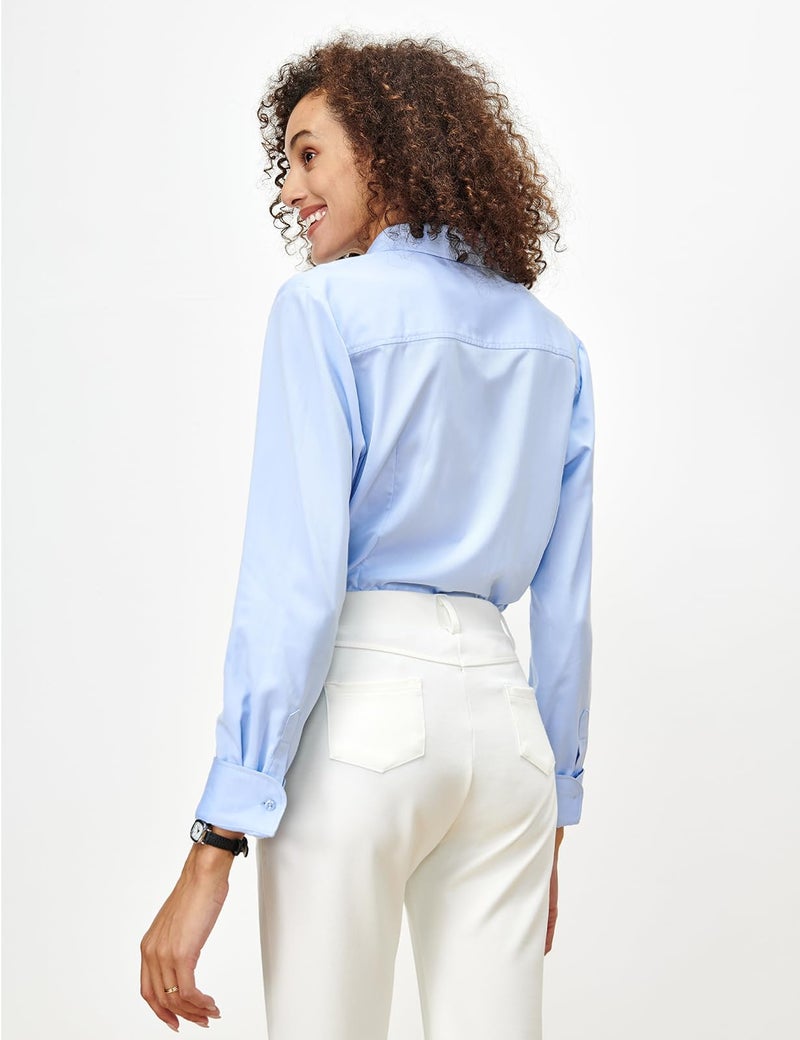 Tapata Womens Bodysuit Blouse Button Down One-Piece Long Sleeve Solid Office Work Shirt Casual Tops, Light Blue, Small - Image 5