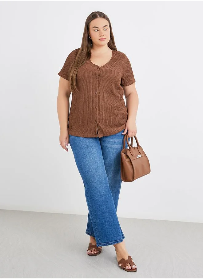 Styli Styli Plus Brown Textured Blouse with Front Button