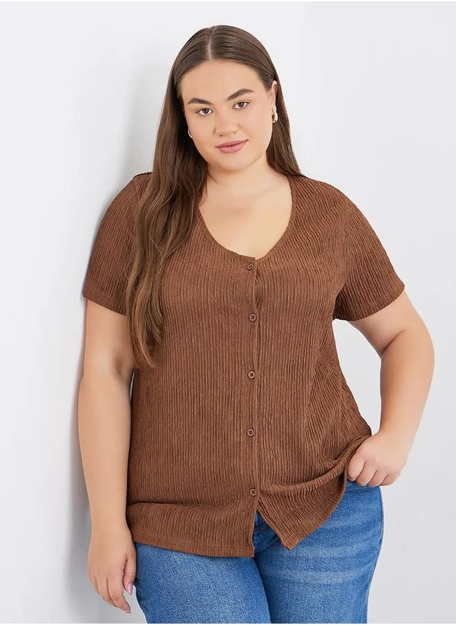 Styli Styli Plus Brown Textured Blouse with Front Button