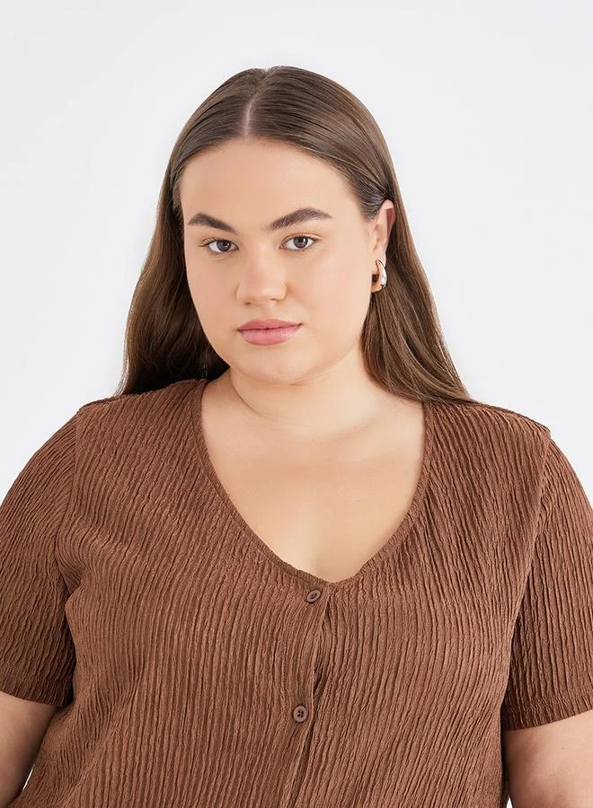 Styli Styli Plus Brown Textured Blouse with Front Button