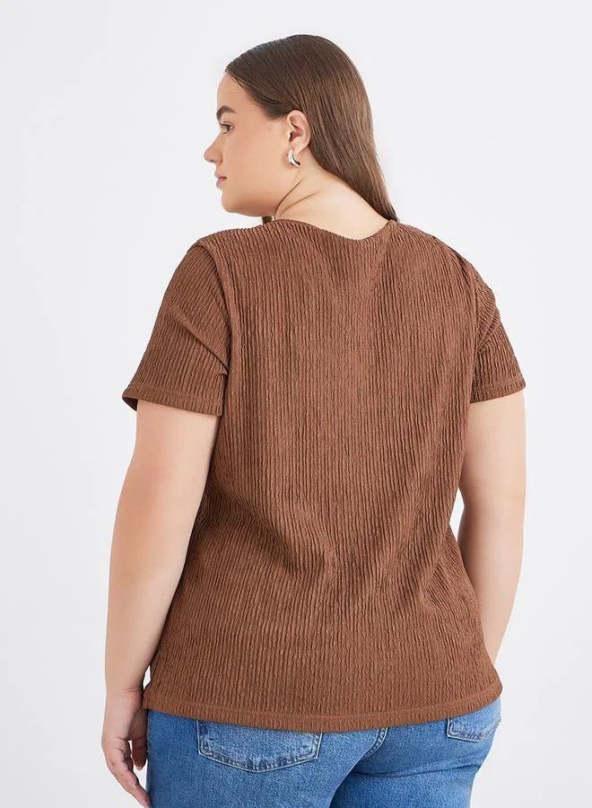 Styli Styli Plus Brown Textured Blouse with Front Button