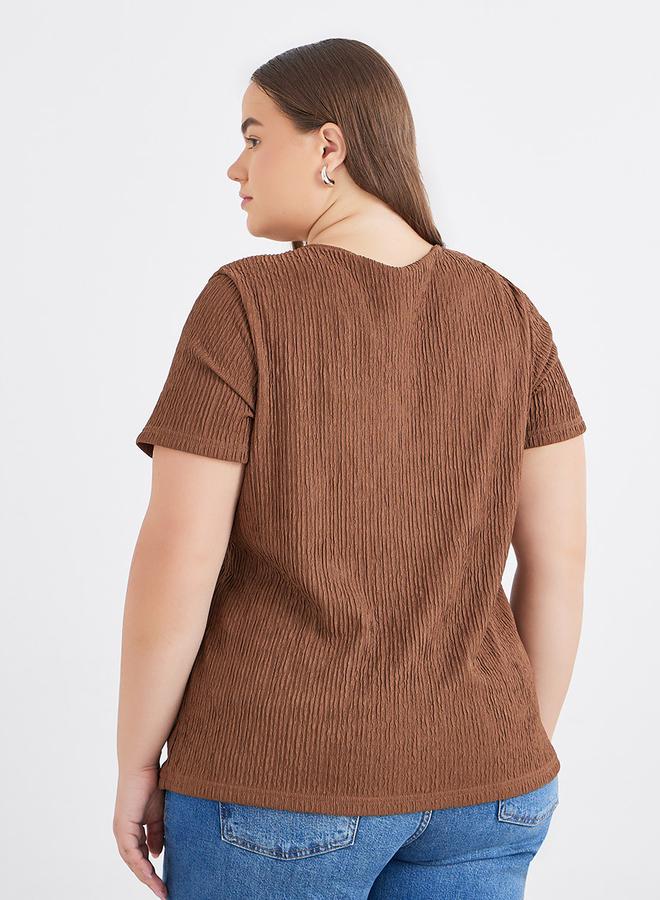 Styli Plus Brown Textured Blouse with Front Button - Image 4