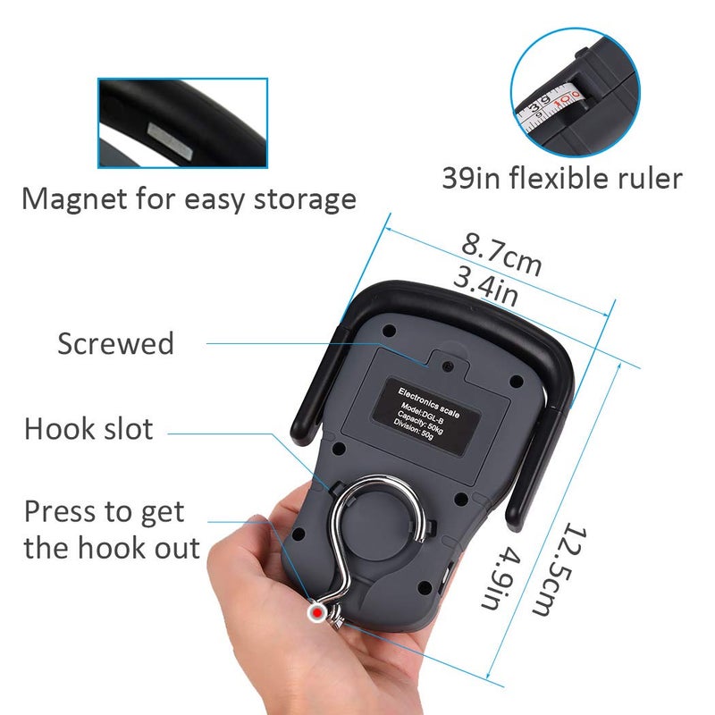 Fishfun Digital Fish Scale, Electronic Hanging Fish Weight Scale with Large Handle & Measuring Tape, 110lb/50kg Fishing Scale, 3 AAA Batteries Included, Fishing Gifts for Men - Image 4