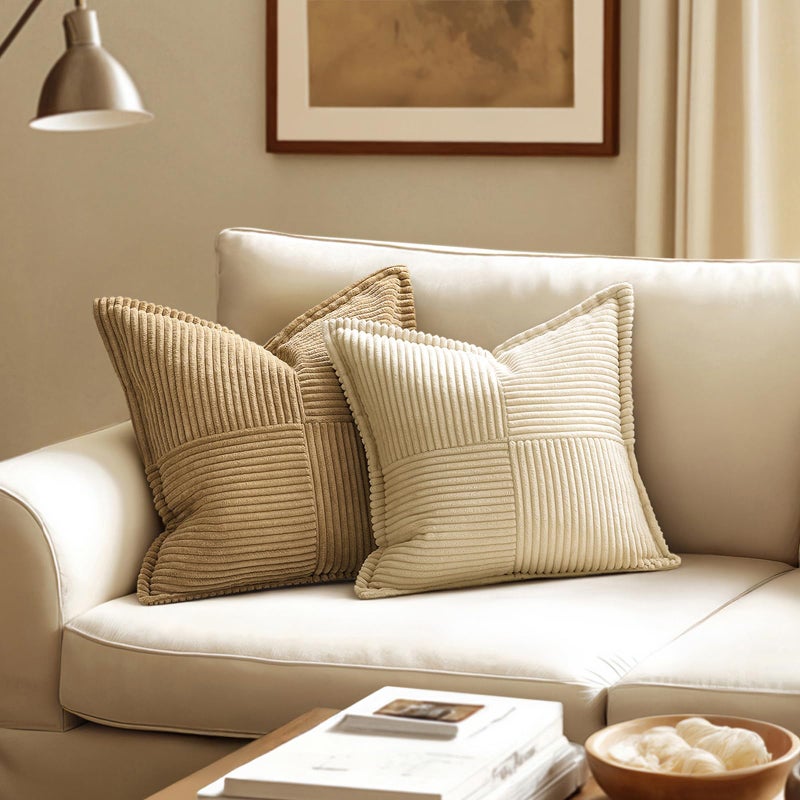MIULEE Decorative Throw Pillow Covers for Couch Bed Livingroom 20x20 Inch Set of 2 Cream Boho Accent Throw Pllows Broadside Striped Patchwork Soft Corduroy Pillowcases - Image 2