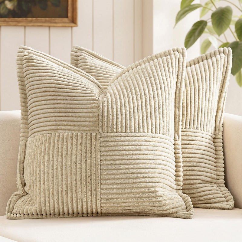 MIULEE Decorative Throw Pillow Covers for Couch Bed Livingroom 20x20 Inch Set of 2 Cream Boho Accent Throw Pllows Broadside Striped Patchwork Soft Corduroy Pillowcases - Image 1