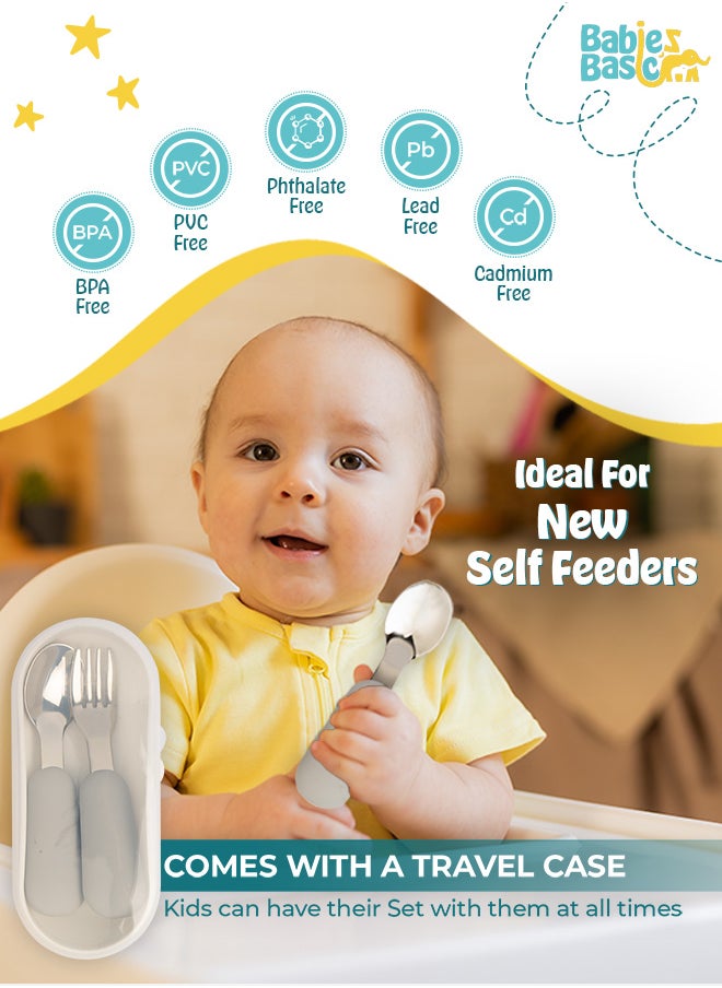 Babies Basic Stainless Steel Cutlery Set With Spoon And Fork With Travel Case - Grey  - Image 3