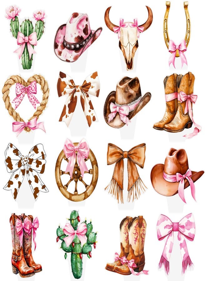 اوموني 48 قطعة من زينة الكب كيك على شكل فيونكة راعية البقر الغربية، باللون البني والوردي، زينة عيد ميلاد راعية البقر، زينة كب كيك على شكل فيونكة ديسكو على شكل صبار، زينة كعكة للفتيات والنساء، لوازم حفلات استقبال المولود الجديد وحفلات توديع العزوبية - Image 2