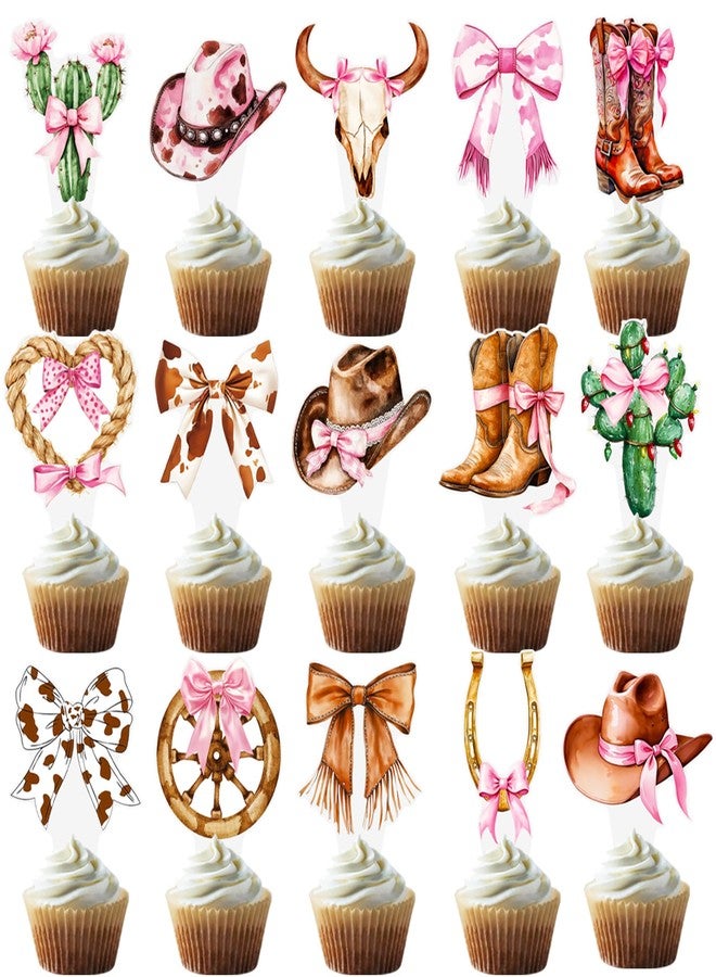 اوموني 48 قطعة من زينة الكب كيك على شكل فيونكة راعية البقر الغربية، باللون البني والوردي، زينة عيد ميلاد راعية البقر، زينة كب كيك على شكل فيونكة ديسكو على شكل صبار، زينة كعكة للفتيات والنساء، لوازم حفلات استقبال المولود الجديد وحفلات توديع العزوبية - Image 1