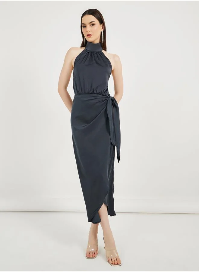 Styli Halter Neck Wrap Midi Dress with Tie Up Detail