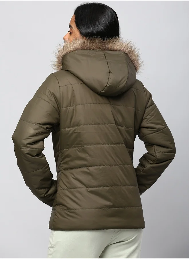 هاي ستار Women Olive Green Parka Jacket