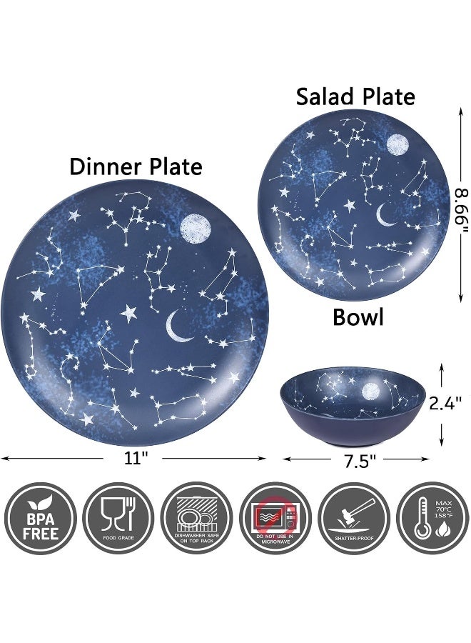 Gofunfun 12 Piece Melamine Dinnerware Sets for 4 Starry Pattern Camping Dishes Set for Indoor and Outdoor Use Dishwasher Safe Plates and Bowls Sets Dark Blue - Image 2