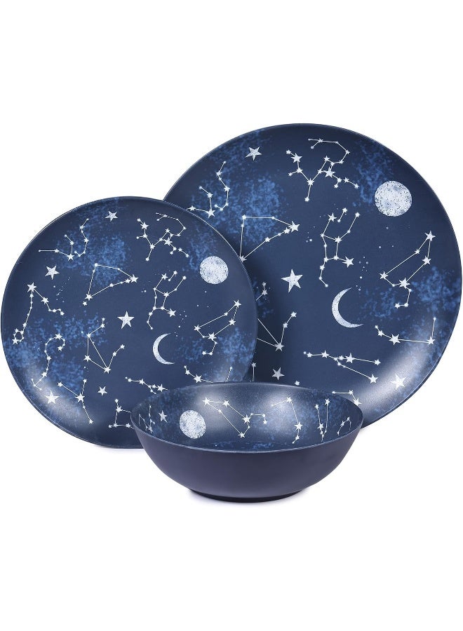 Gofunfun 12 Piece Melamine Dinnerware Sets for 4 Starry Pattern Camping Dishes Set for Indoor and Outdoor Use Dishwasher Safe Plates and Bowls Sets Dark Blue - Image 1