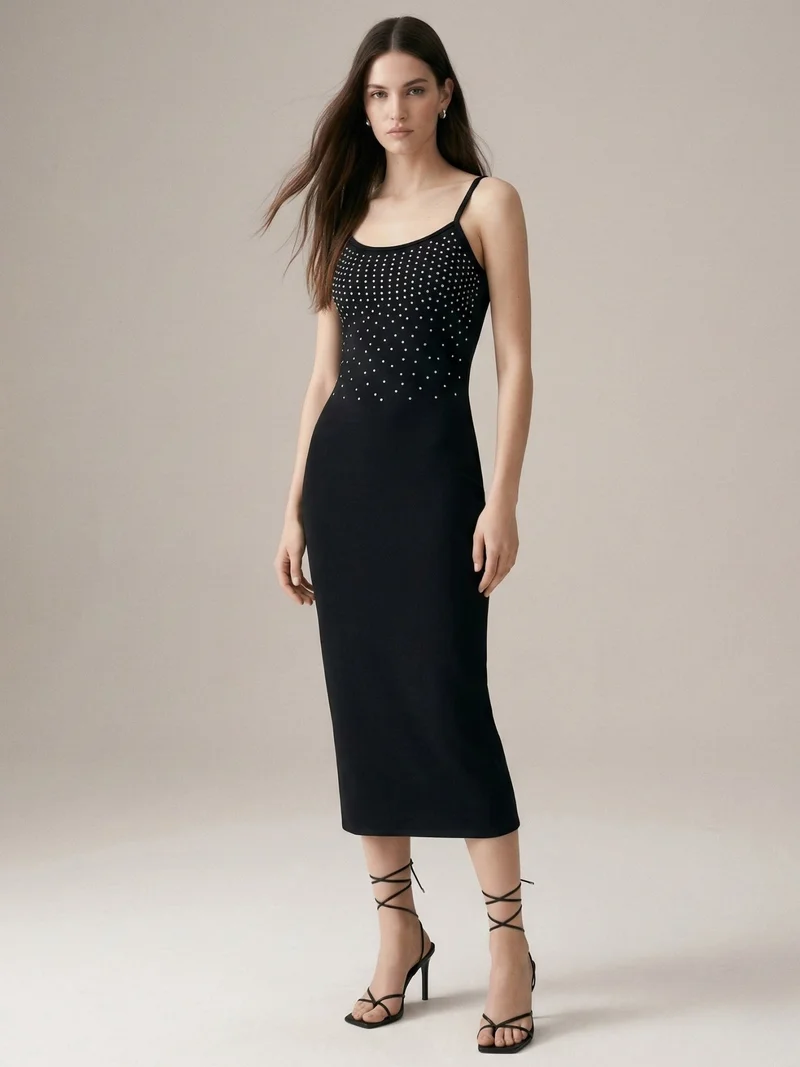 Outzidr  Black Fitted Bodycon Embellished Dress for Women | Best Price UAE