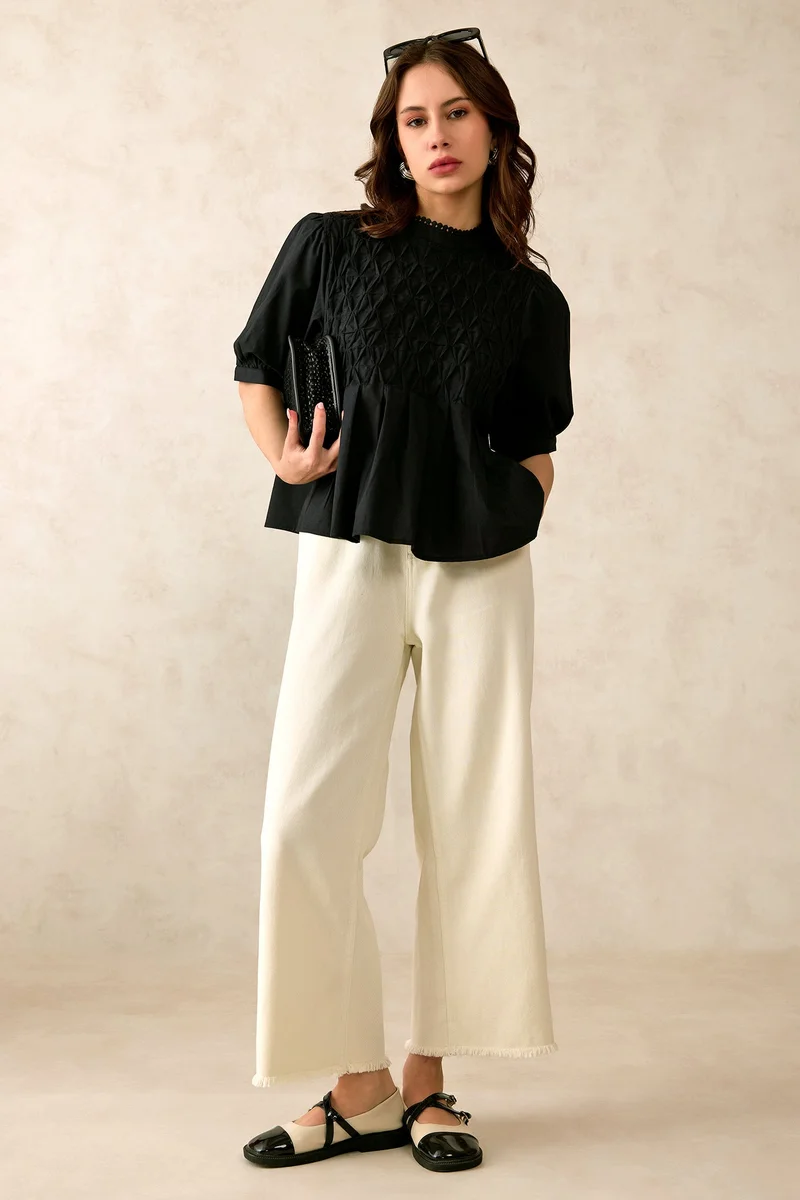 Virgio VIRGIO 100% Cotton Diagonal Tuck Detail Lace Top
