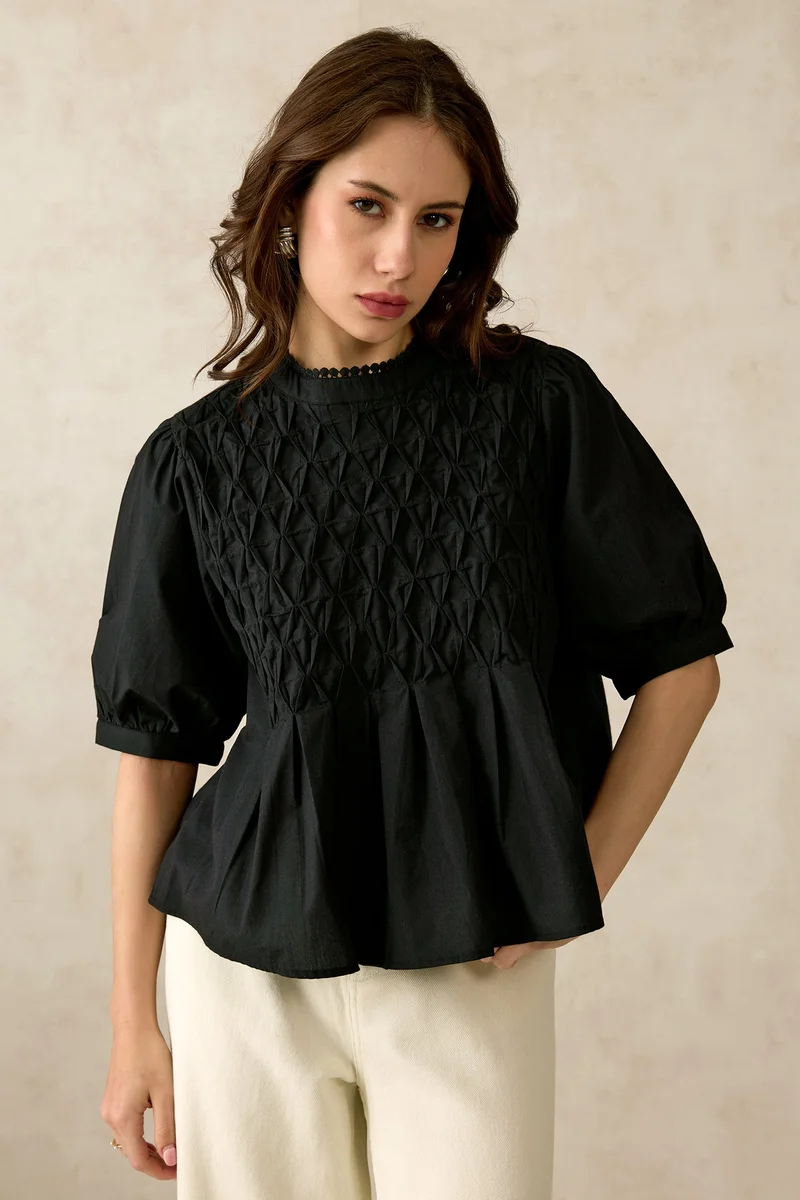 Virgio VIRGIO 100% Cotton Diagonal Tuck Detail Lace Top