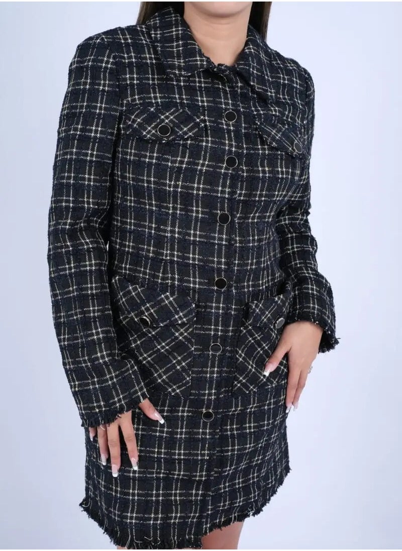 ONLY - Women’s Double Chest Pockets Flannel Plaid Dress in Black Check - Image 1