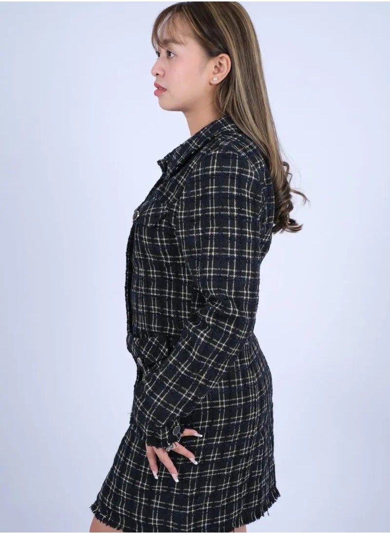 ONLY - Women’s Double Chest Pockets Flannel Plaid Dress in Black Check - Image 1