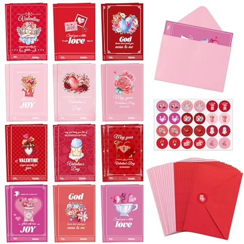TICIAGA 24 Set Valentine's Day Vintage Blessed Greeting Cards with Envelop Retro Religious Sticker for Kid DIY Flower Heartfelt Notecard Exchange Gifts for Boys and Girls Christian School Party Favors - Image 1