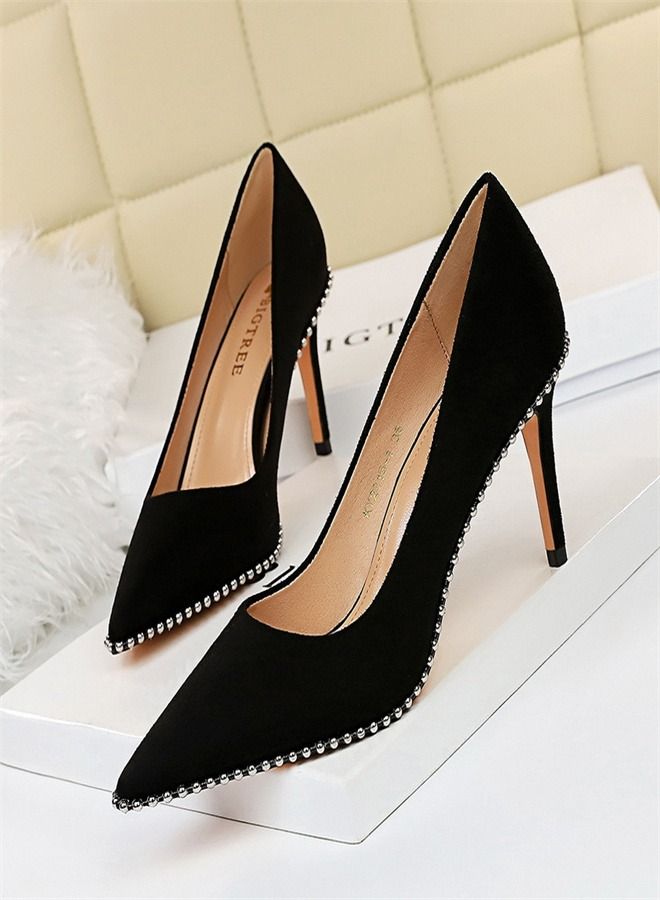 BIGTREE Shallow Metal Chain Pointed High Heels 8CM Black