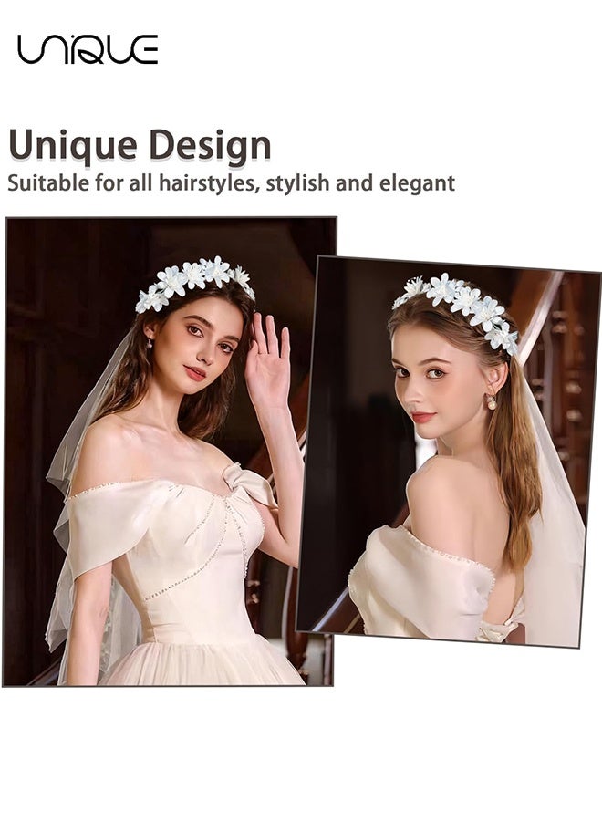 Unique Flower Crowns for Women, Floral Crown with Wedding Veil Headpiece for Wedding Bridal Festival Photography Hair Wreath Accessory Hairbands for Girls - Image 5