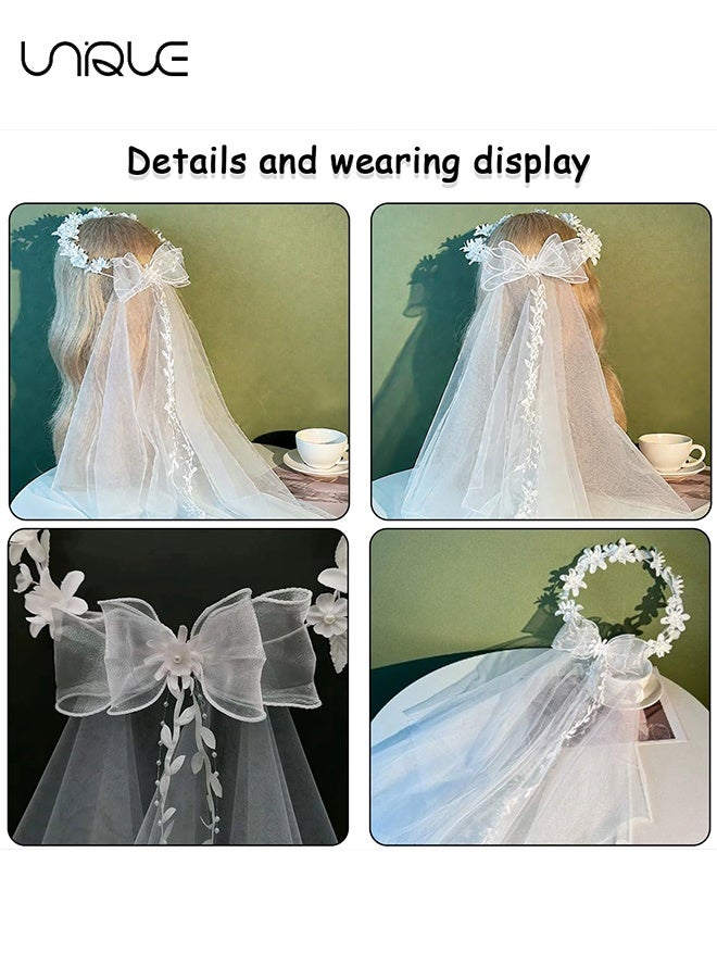 Unique Flower Crowns for Women, Floral Crown with Wedding Veil Headpiece for Wedding Bridal Festival Photography Hair Wreath Accessory Hairbands for Girls - Image 4