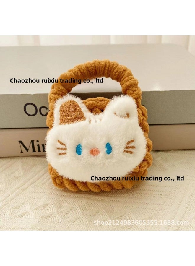 Pink Cute Cyber Red Bear Lion Wake Flower Plush Hand-woven Drop-resistant Headphone Bag Bluetooth Headphone Protective Cover Finished Product-Color:White Kitten  - Image 1