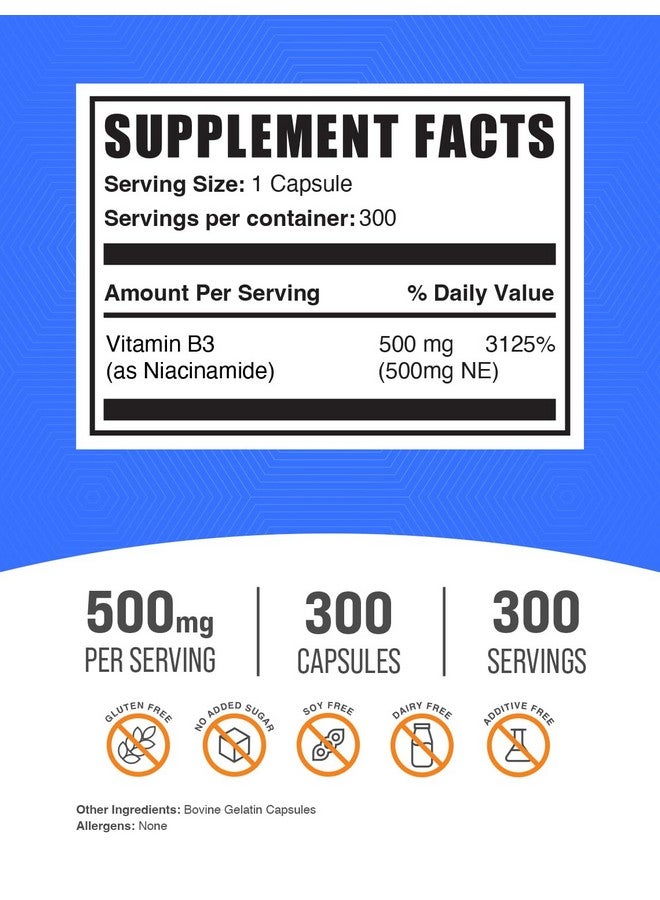 BulkSupplements.com Niacinamide Capsules - Niacinamide Supplement, Vitamin B3 Supplement, Niacinamide 500mg - Gluten Free, 1 Capsule per Serving, 300 Capsules (Pack of 1) - Image 2