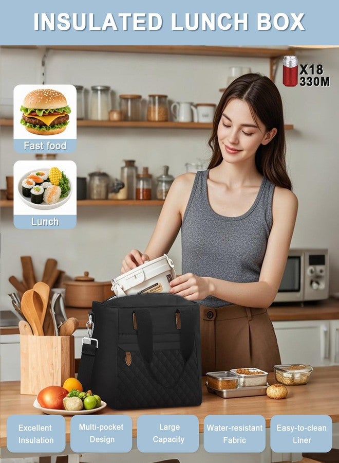 Capolo Insulated Lunch Box for Women & Men - Large Thermal Lunch Bag Women with Removable Shoulder Strap, Reusable Lunch Cooler Tote Bags Purse for Adults Work, Picnic, Hiking, Beach, Travel, Medium，Black - Image 3