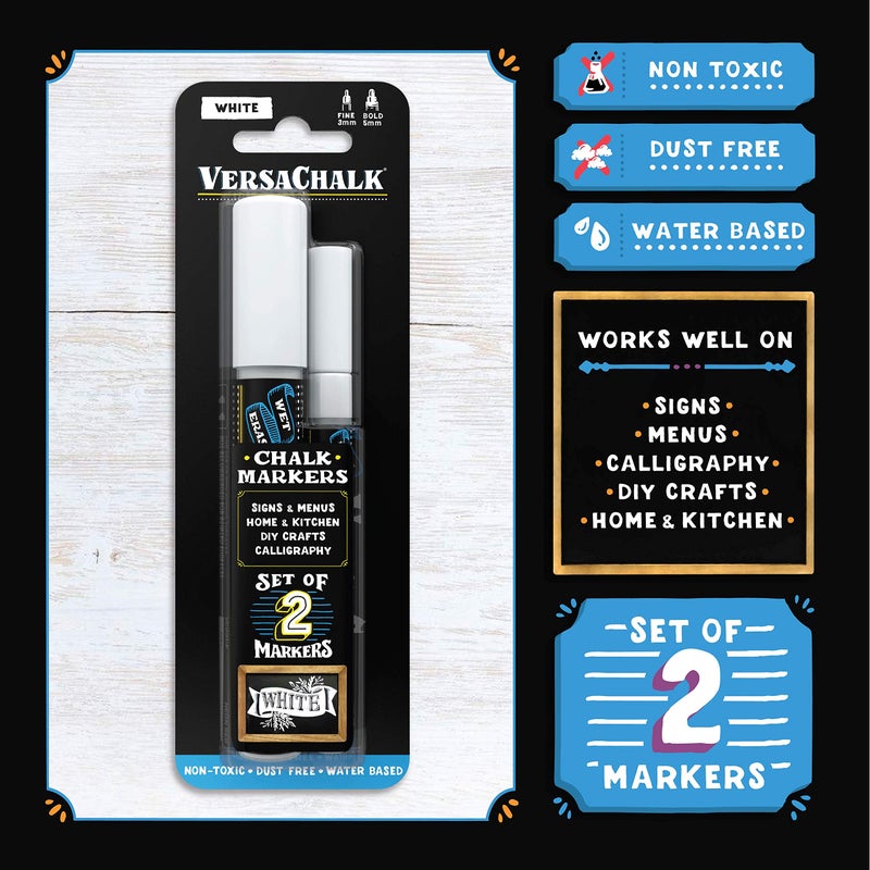 VersaChalk White Chalkboard Chalk Markers - Wet Erase Dustless Chalk Ink Paint Marker for Blackboard, Dry Erase White Board, Chalkboard Sign (COMBO SET, 2/SET) - Image 3